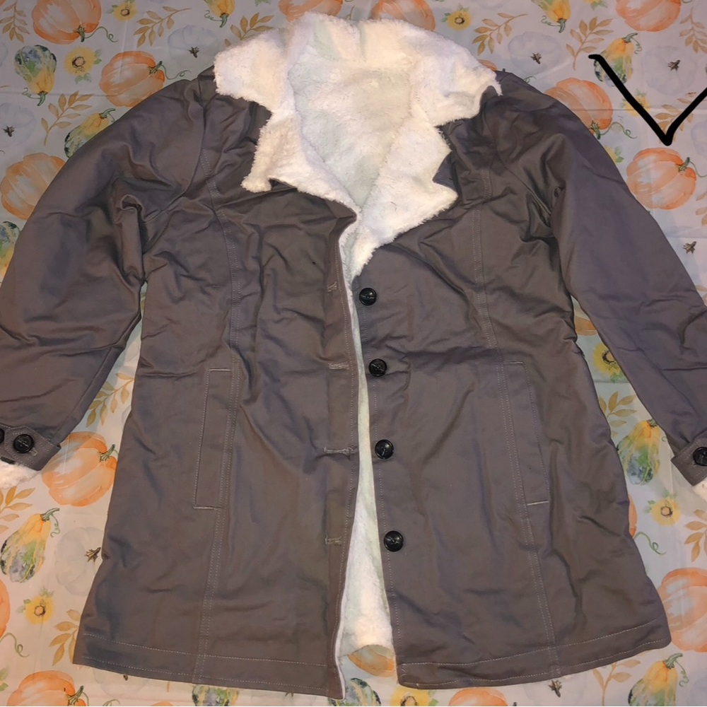 Gray Coat with White Faux Fur Lining